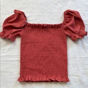 Astr Ruffled Puff Sleeve Top in Deep Rust